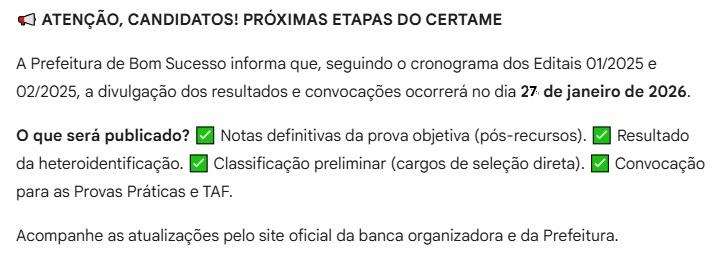 Atenção candidatos para as próximas etapas do Concurso Público 01/2025 e Processo Seletivo 02/2025