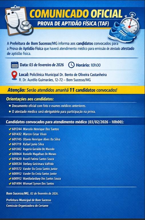 COMUNICADO OFICIAL – PROVA DE APTIDÃO FÍSICA (TAF)