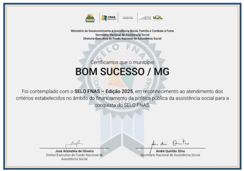 BOM SUCESSO RECEBE SELO COMO REFERÊNCIA NACIONAL EM GESTÃO DA ASSISTÊNCIA SOCIAL