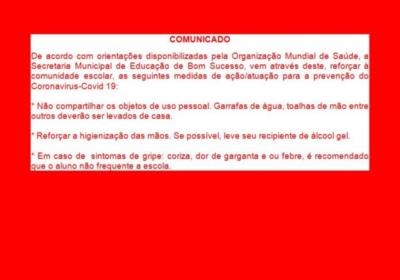 Comunicado sobre o Coronavírus (Covid-19) – Secretaria Municipal de Educação