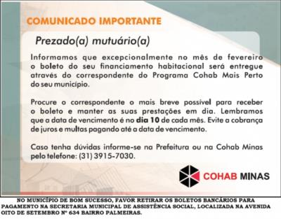 COMUNICADO SOBRE ALTERAÇÃO DA EMISSÃO DE BOLETO DO FINANCIAMENTO HABITACIONAL PROGRAMA COHAB