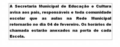 DATA DE RETORNO DAS AULAS NA REDE MUNICIPAL DE ENSINO