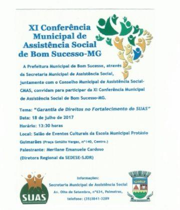 XI CONFERÊNCIA MUNICIPAL DE ASSISTÊNCIA SOCIAL DE BOM SUCESSO – MG/DATA: 18 DE JULHO DE 2017